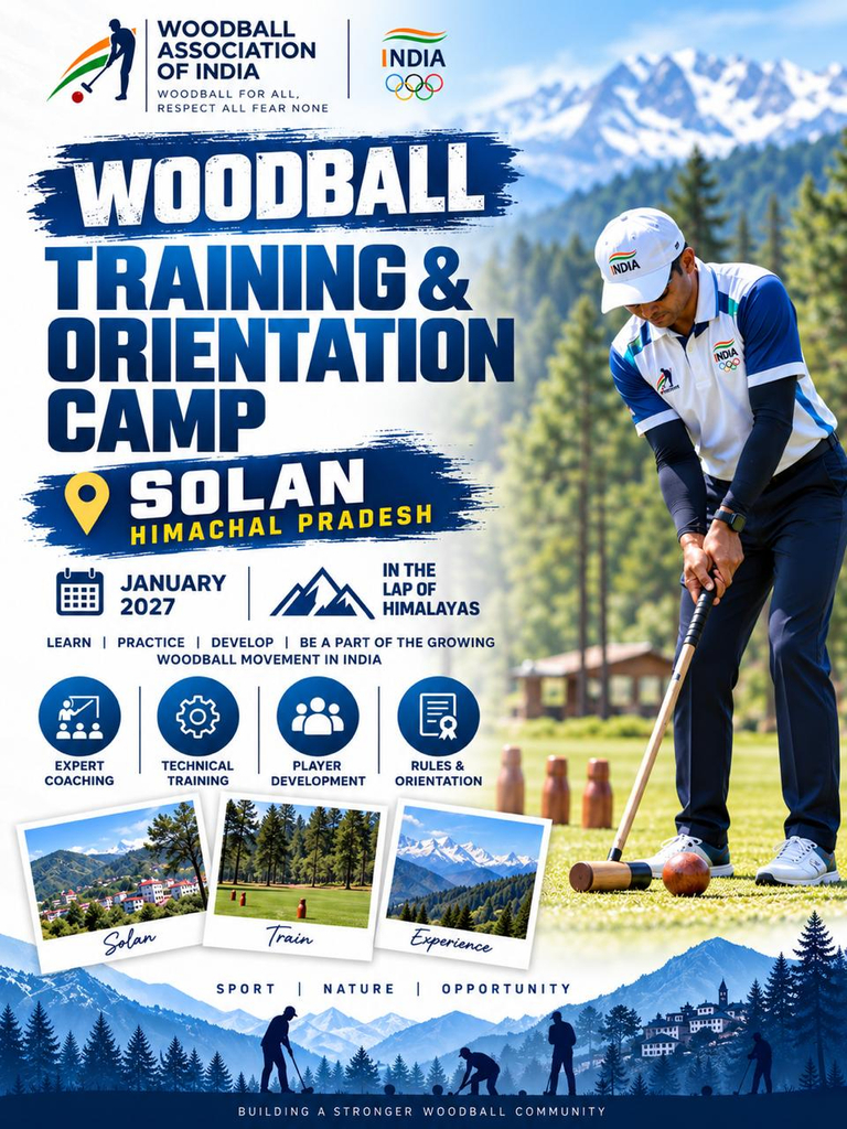 Woodball Training and Orientation Camp 2027 poster featuring a Woodball player practising in Solan, Himachal Pradesh, with expert coaching and player development activities.