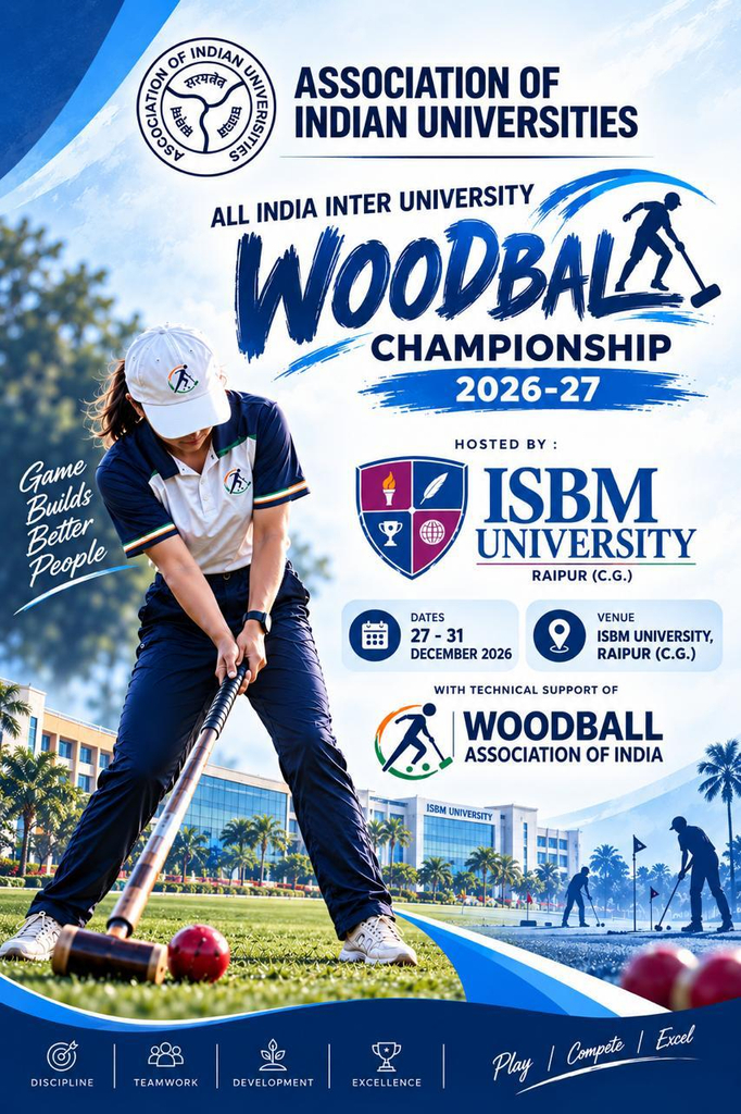Official poster of the All India Inter University Woodball Championship 2026–27, hosted by ISBM University in Raipur, Chhattisgarh, from 27 to 31 December 2026.