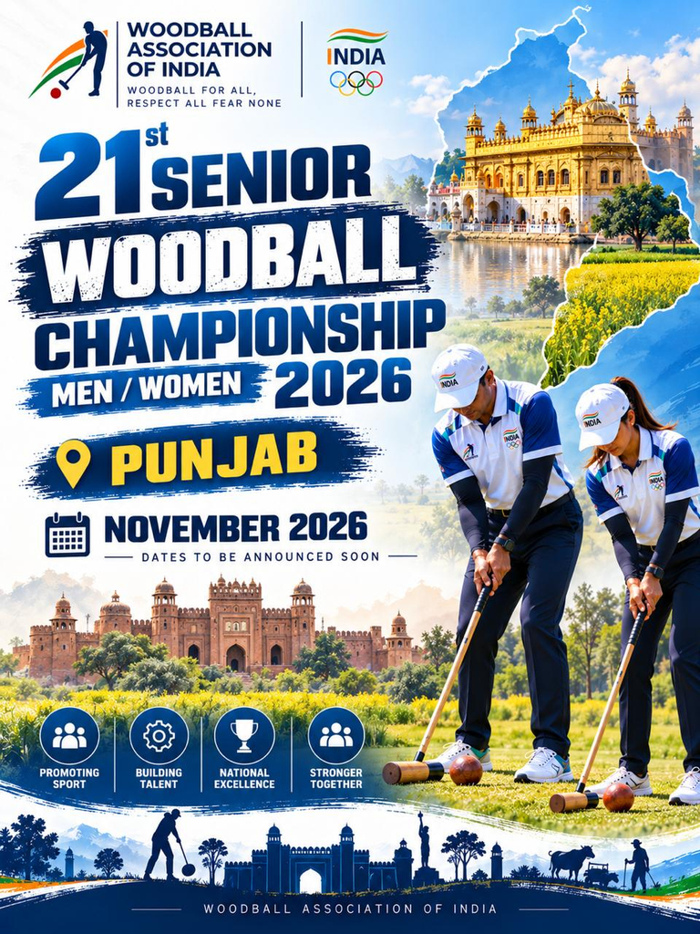 Official poster of the 21st Senior National Woodball Championship 2026 for men and women, scheduled for November 2026 in Punjab, India.