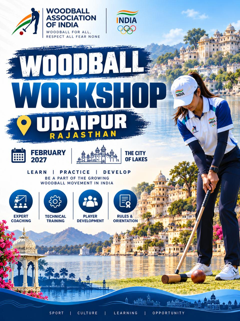Official Woodball Workshop 2027 poster featuring a Woodball player in Udaipur, Rajasthan, promoting coaching, technical training and player development.